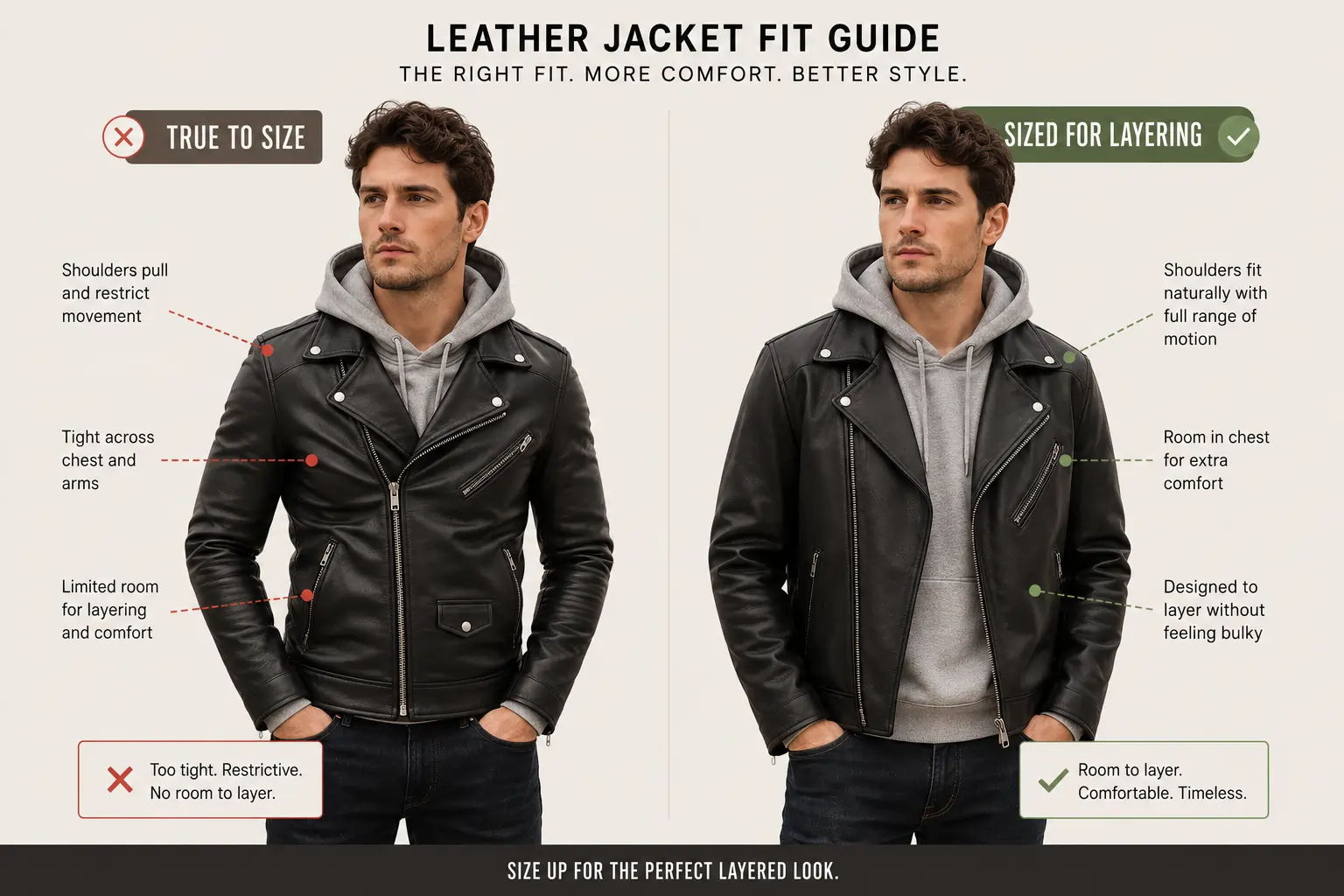 Comparison graphic showing a leather jacket true-to-size versus sized for layering
